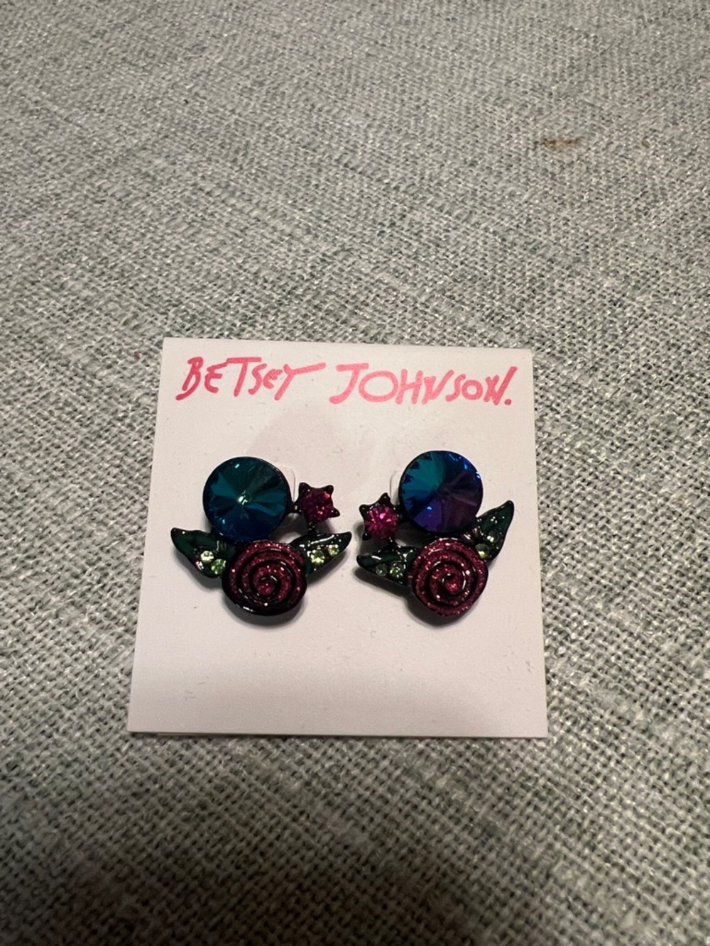 Betsey Johnson Blue & Fuchsia Floral Crystal Stud Earrings